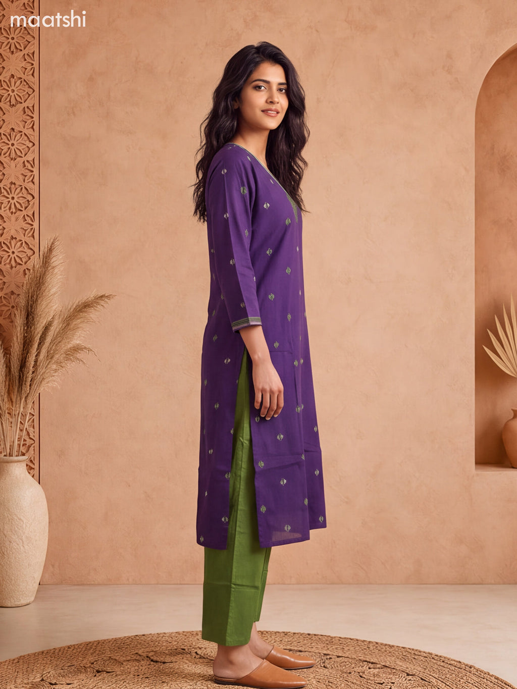 Violet and Green Cotton Embroidery Work Kurti Set
