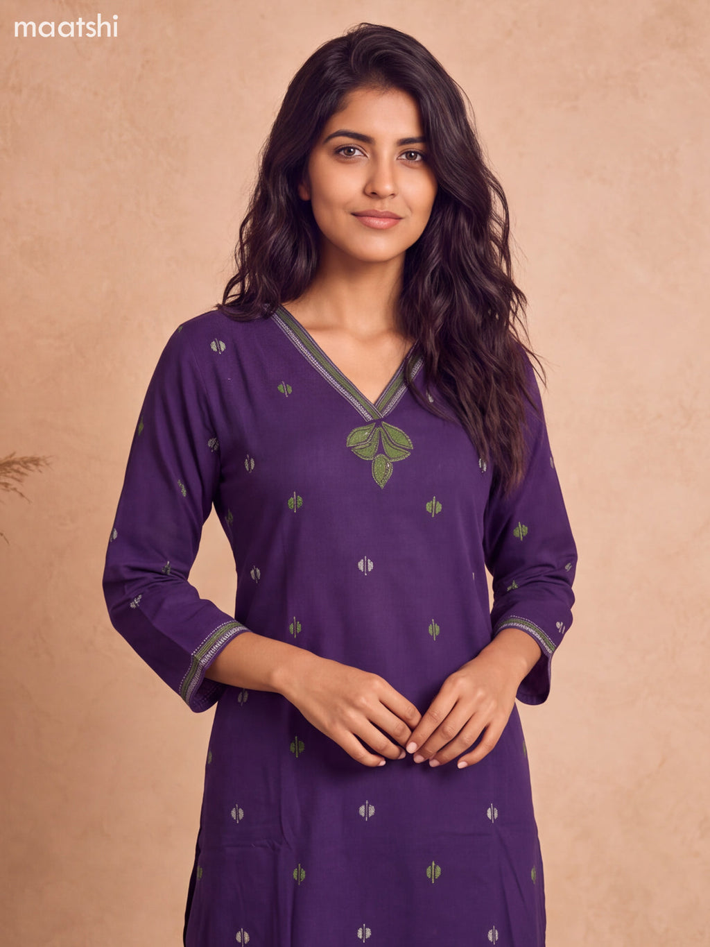 Violet and Green Cotton Embroidery Work Kurti Set