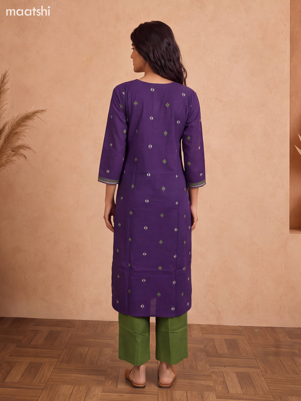 Violet and Green Cotton Embroidery Work Kurti Set