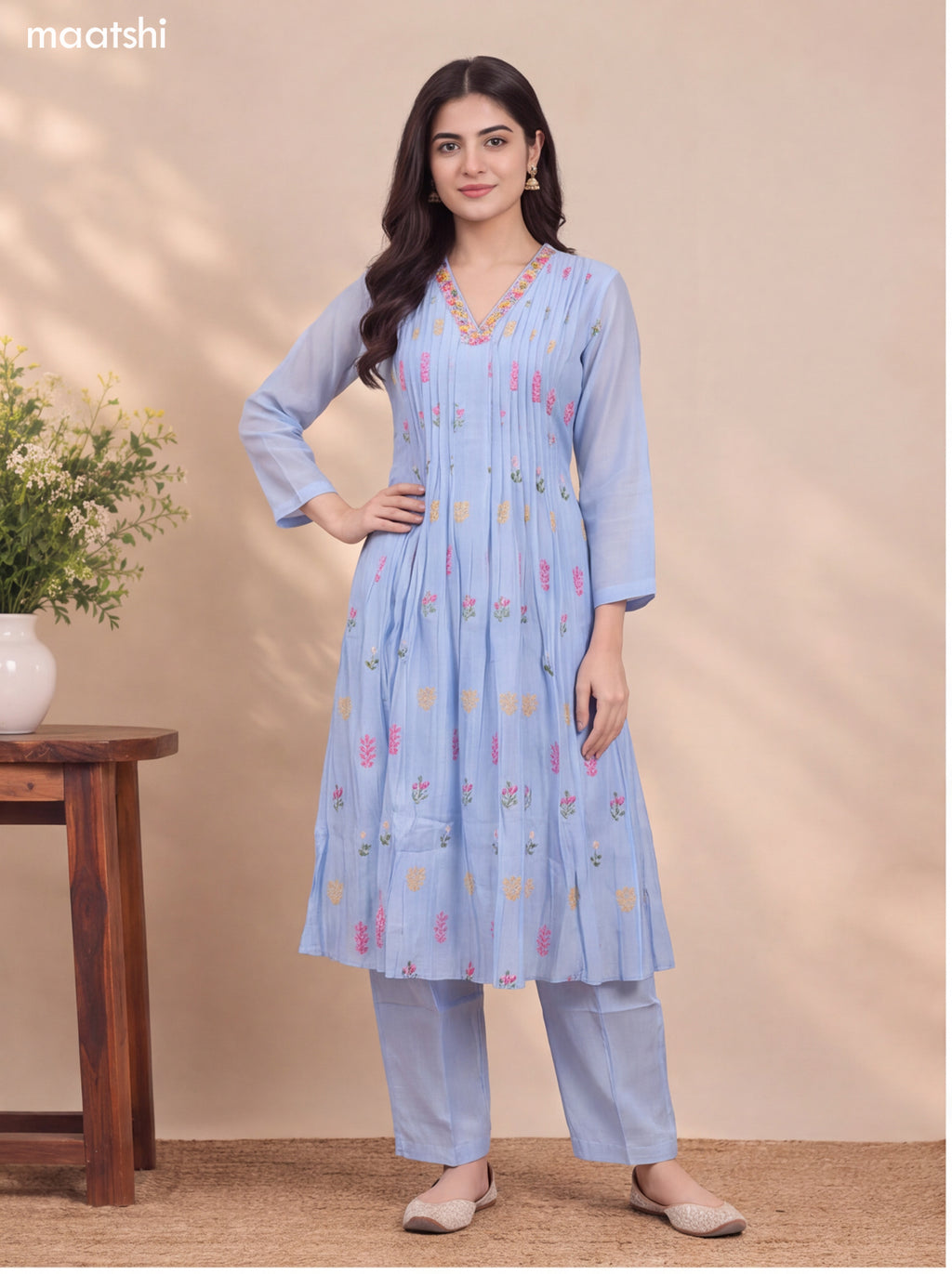 Pale Blue Mul Chanderi Embroidery Work Anarkali Suit