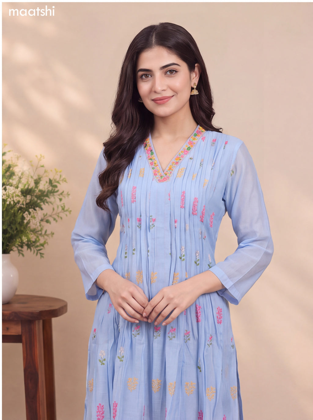 Pale Blue Mul Chanderi Embroidery Work Anarkali Suit