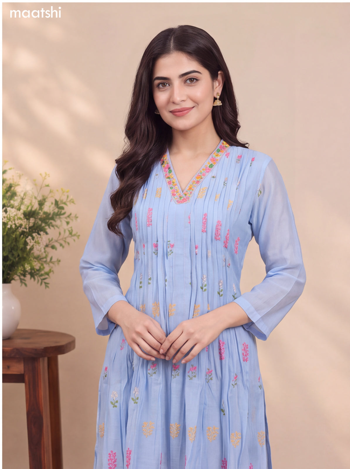 Pale Blue Mul Chanderi Embroidery Work Anarkali Suit