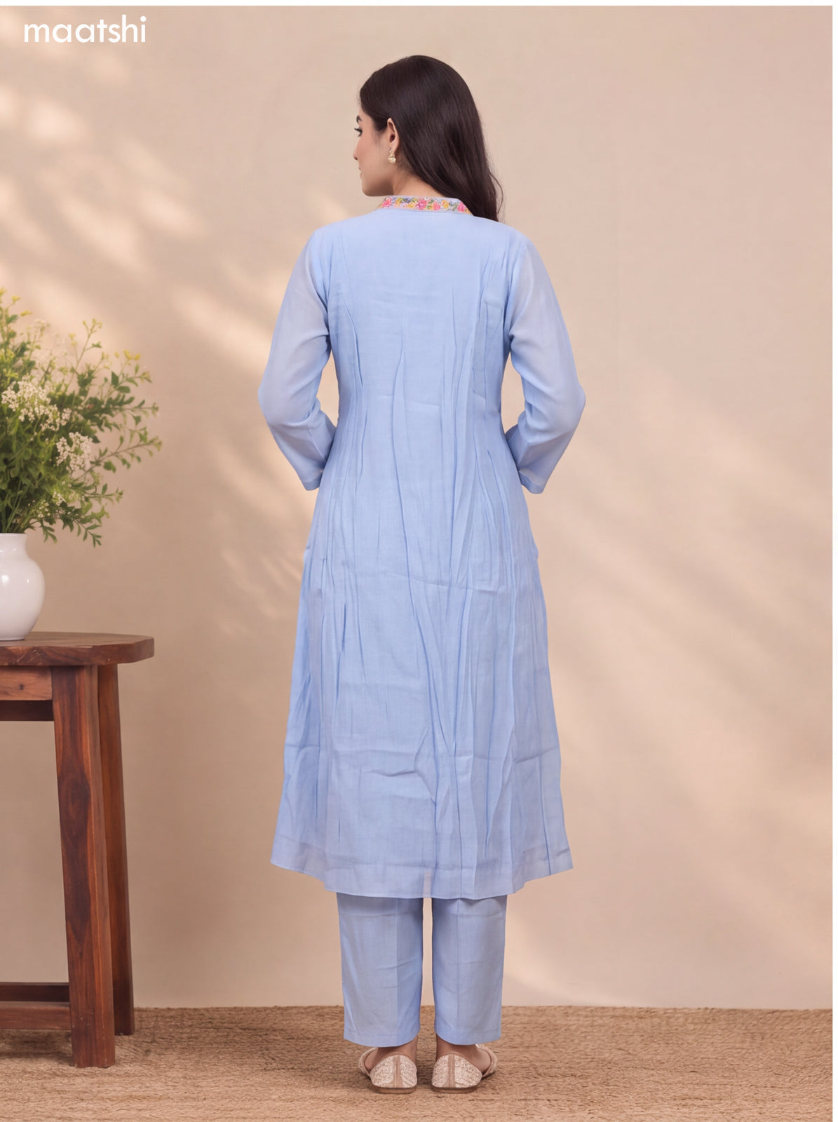 Pale Blue Mul Chanderi Embroidery Work Anarkali Suit