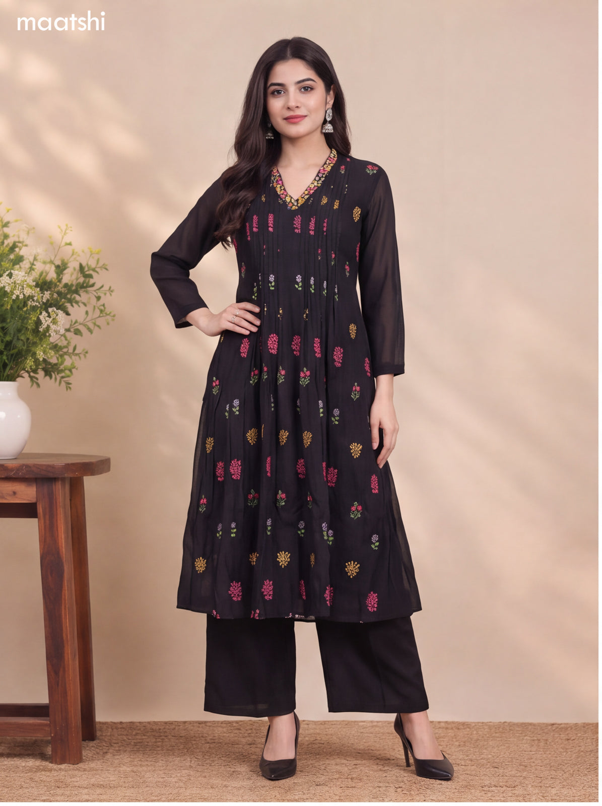 Black Mul Chanderi Embroidery Work Anarkali Suit
