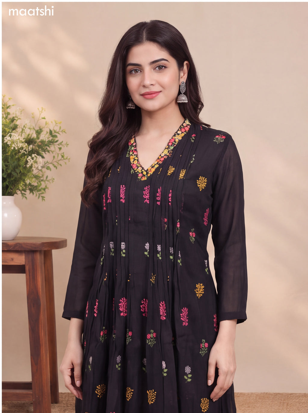 Black Mul Chanderi Embroidery Work Anarkali Suit