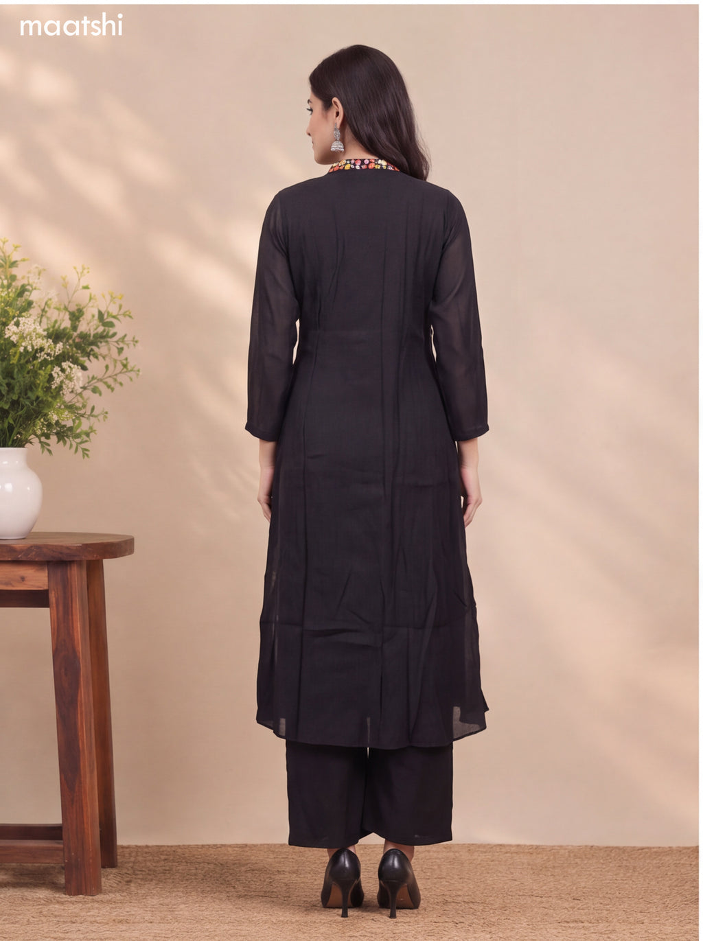 Black Mul Chanderi Embroidery Work Anarkali Suit