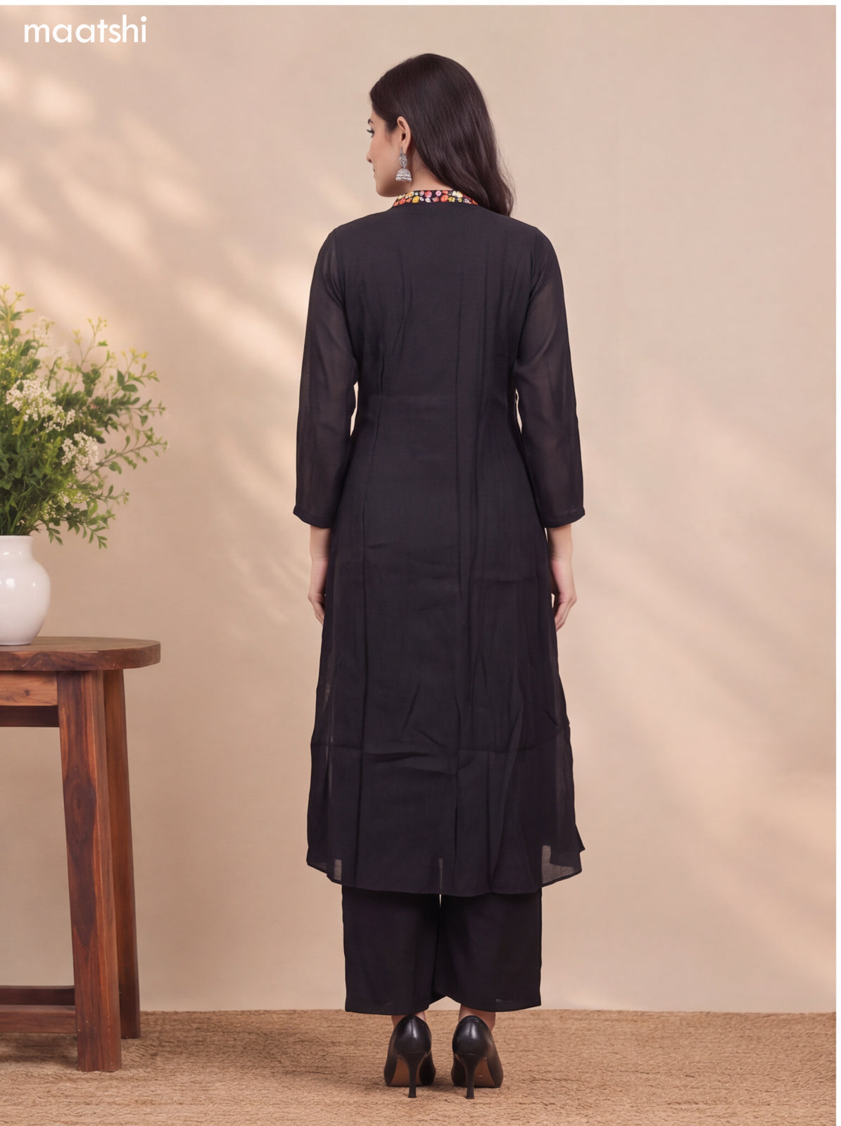 Black Mul Chanderi Embroidery Work Anarkali Suit