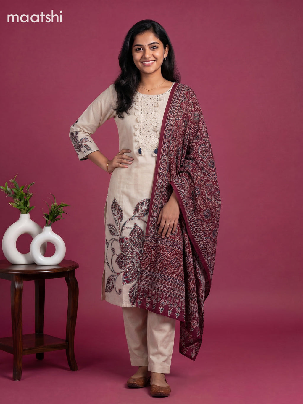Beige and Maroon Cotton Ajrakh Printed Straight Suit