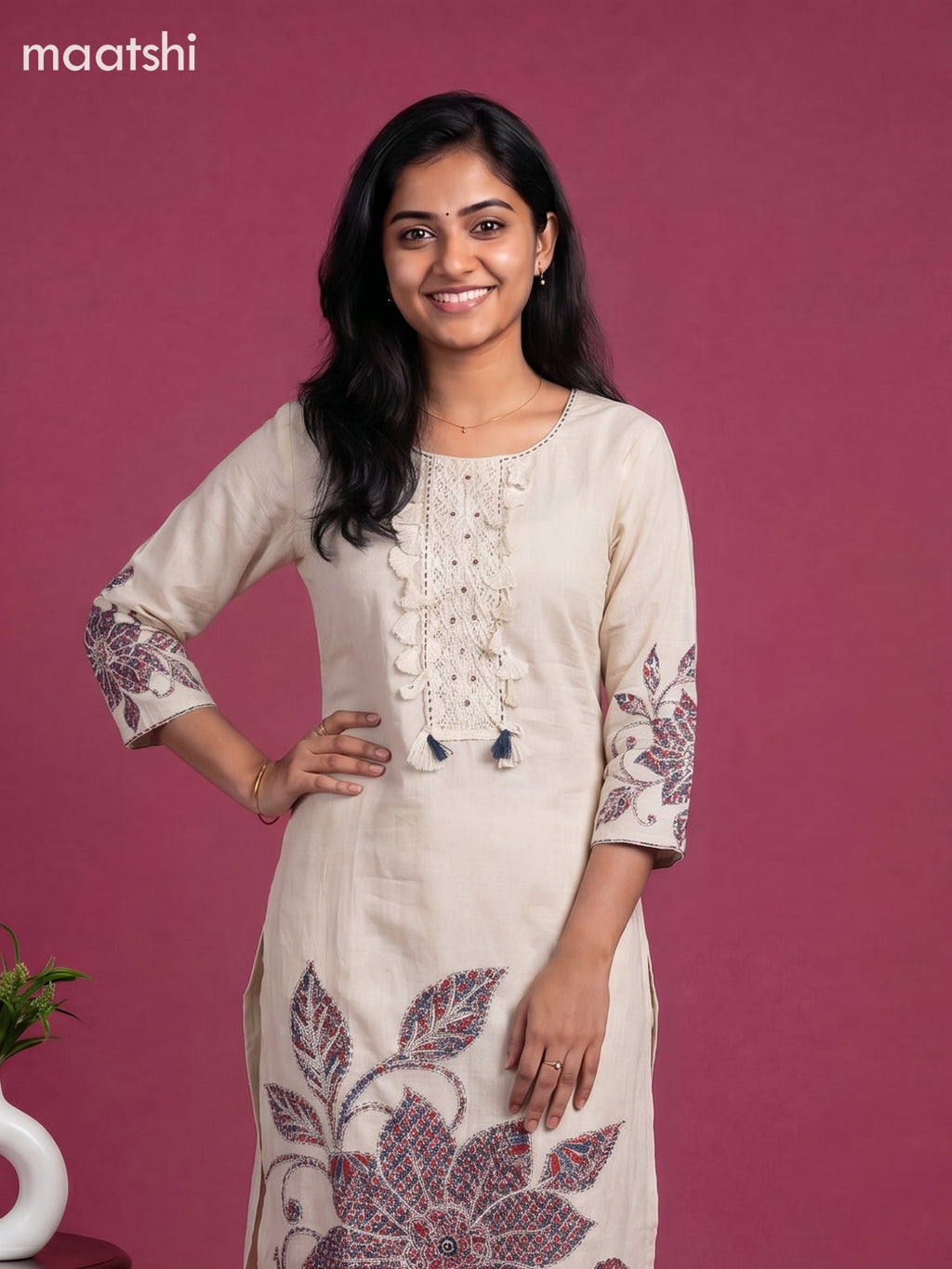 Beige and Maroon Cotton Ajrakh Printed Straight Suit
