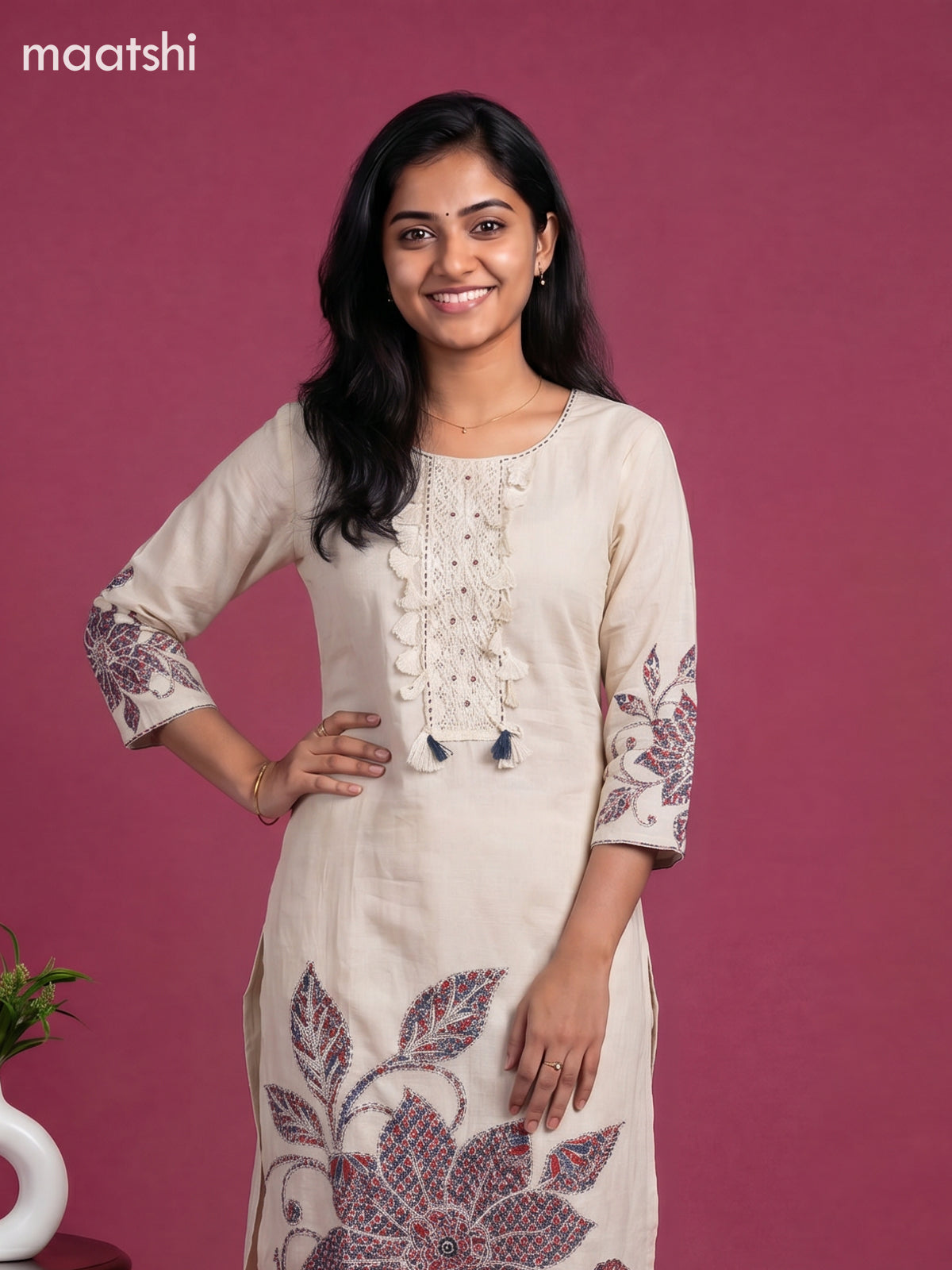 Beige and Maroon Cotton Ajrakh Printed Straight Suit