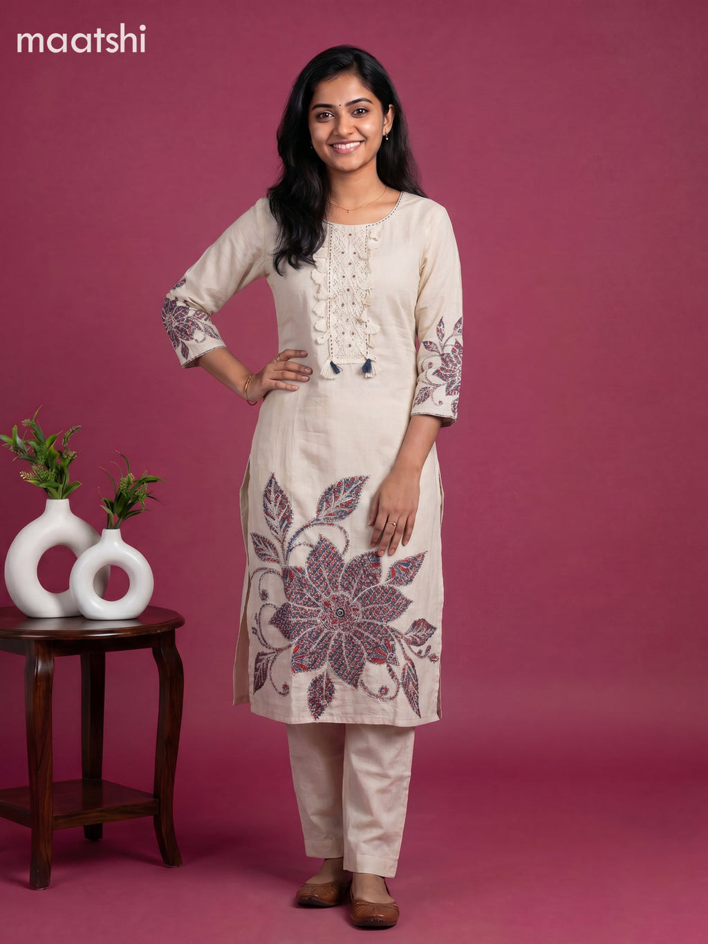 Beige and Maroon Cotton Ajrakh Printed Straight Suit