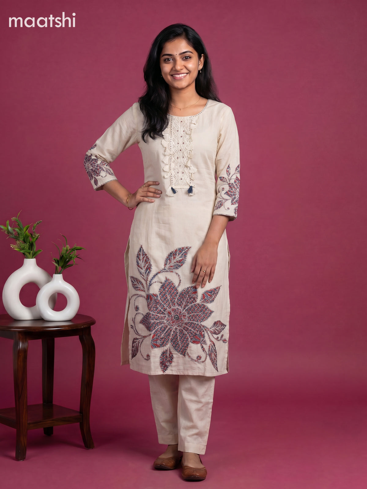 Beige and Maroon Cotton Ajrakh Printed Straight Suit