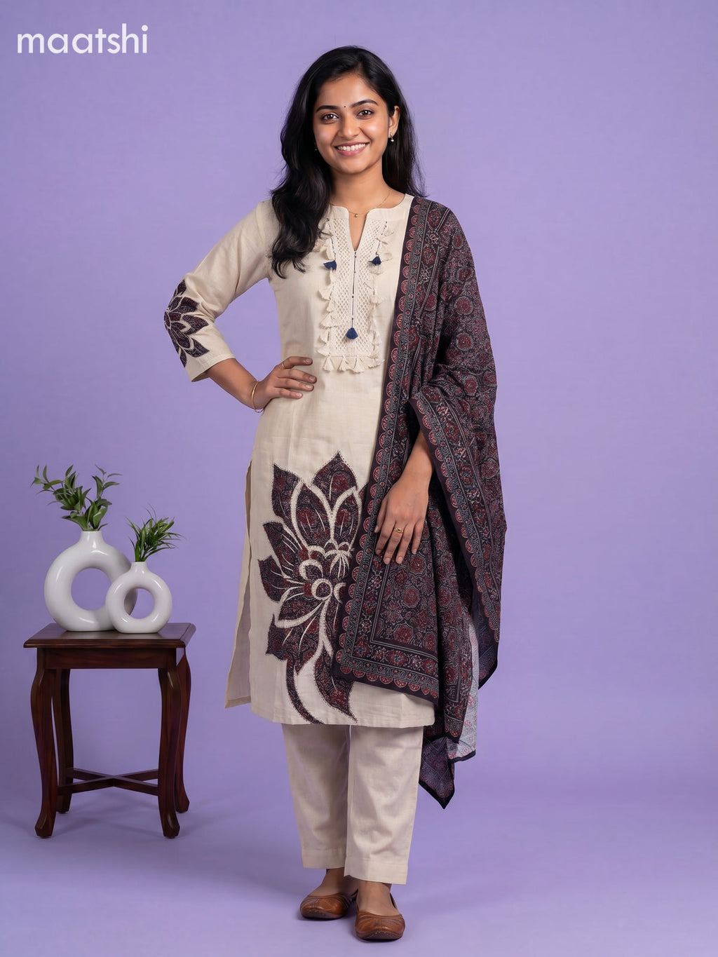 Beige and Black Cotton Ajrakh Printed Straight Suit
