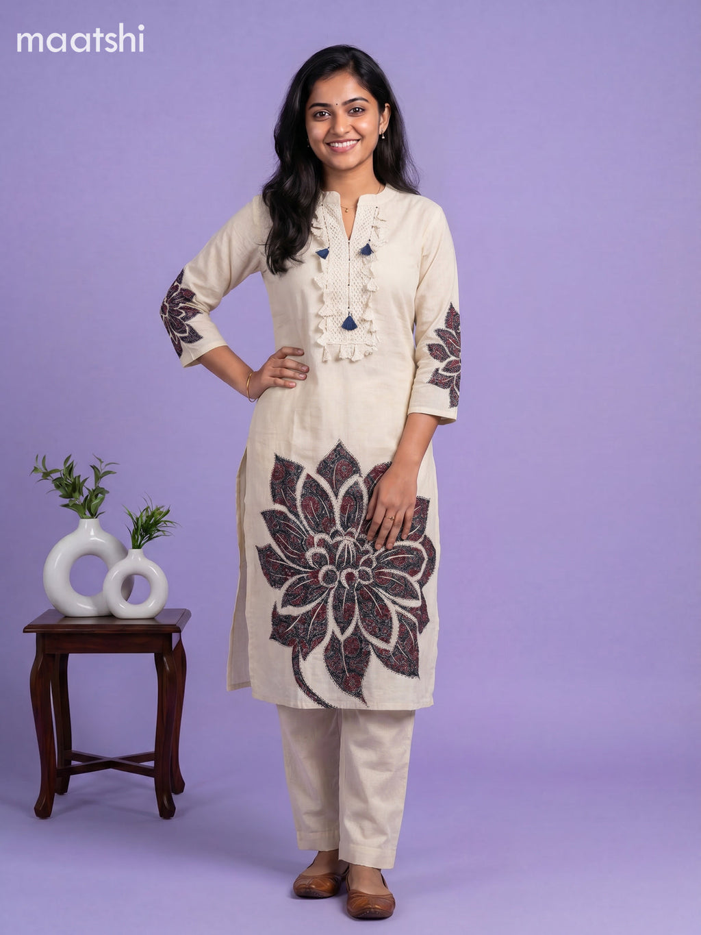 Beige and Black Cotton Ajrakh Printed Straight Suit