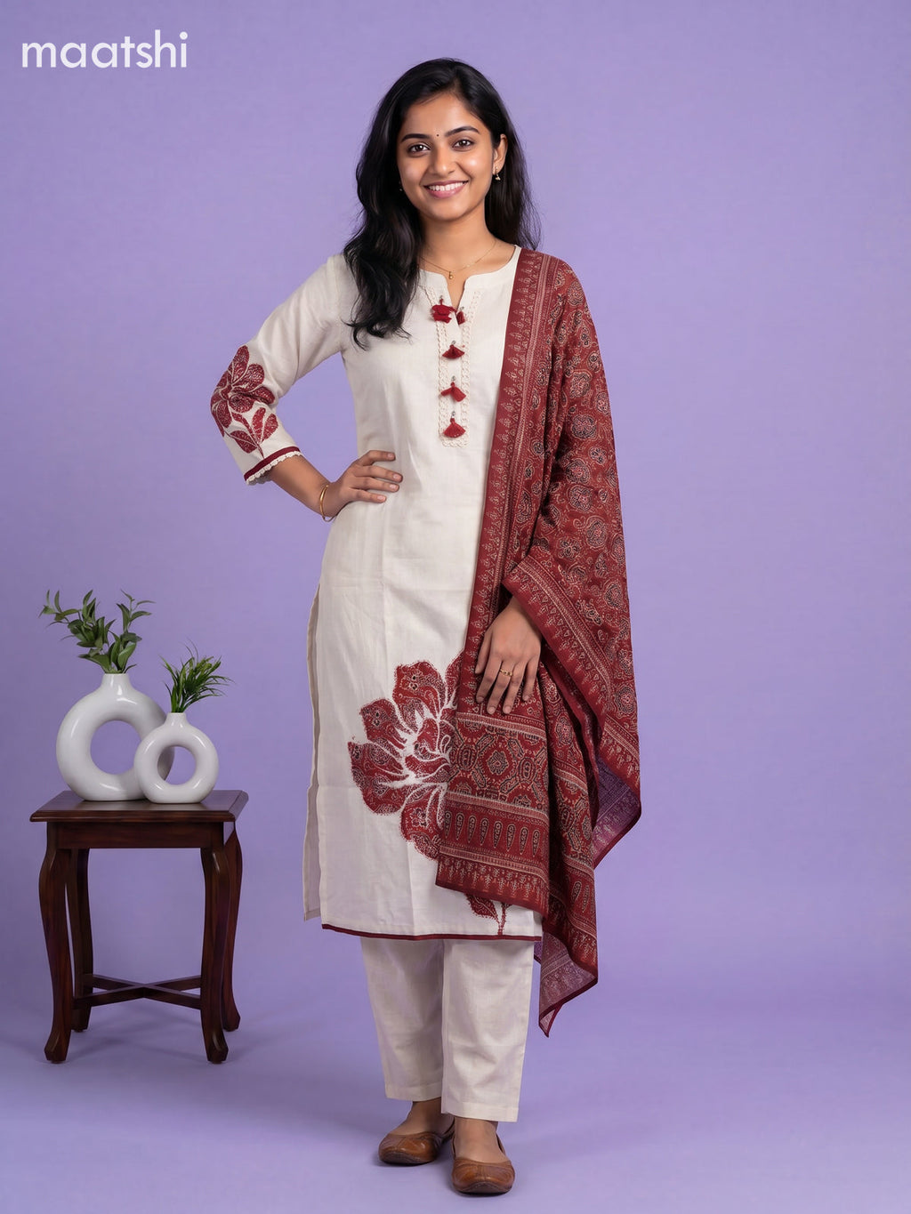 Beige and Maroon Cotton Ajrakh Printed Straight Suit