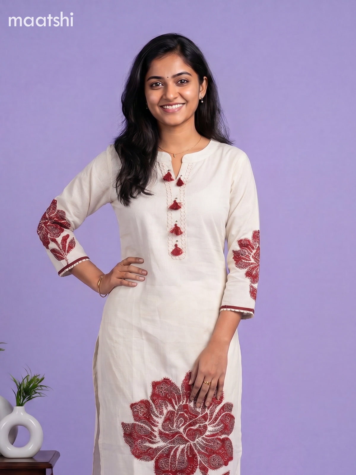 Beige and Maroon Cotton Ajrakh Printed Straight Suit