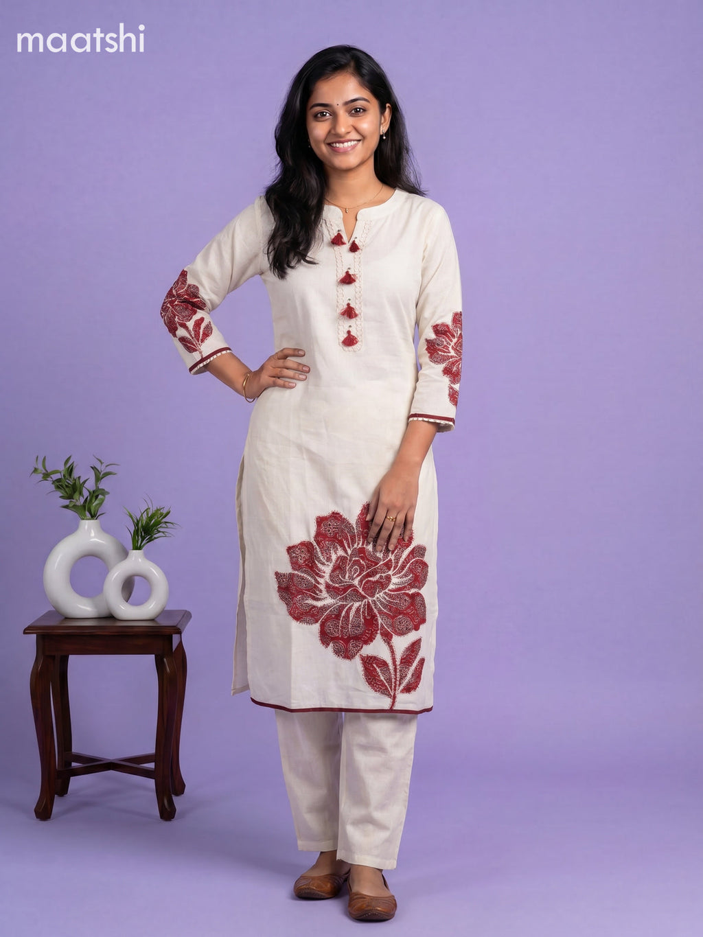 Beige and Maroon Cotton Ajrakh Printed Straight Suit