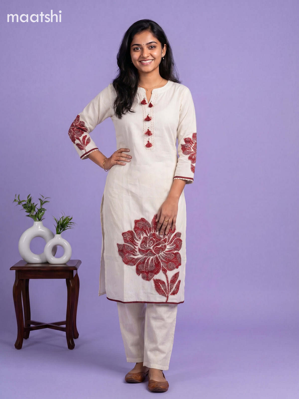 Beige and Maroon Cotton Ajrakh Printed Straight Suit