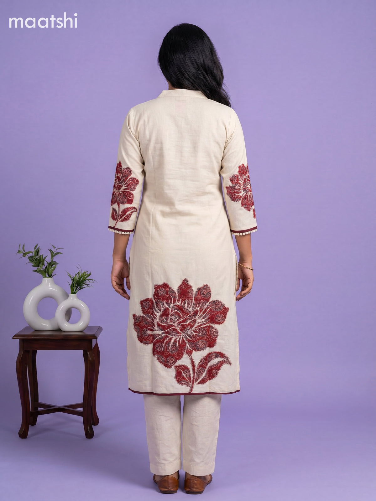 Beige and Maroon Cotton Ajrakh Printed Straight Suit