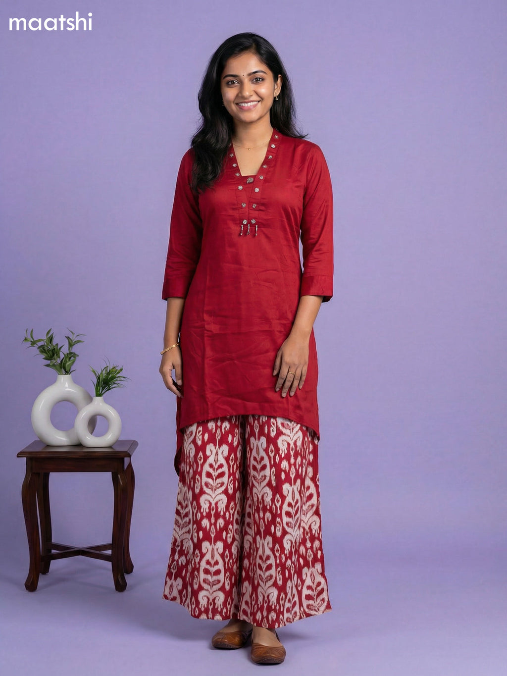 Maroon and Off White Art Silk Simple Embroidery Work Short Kurti Set
