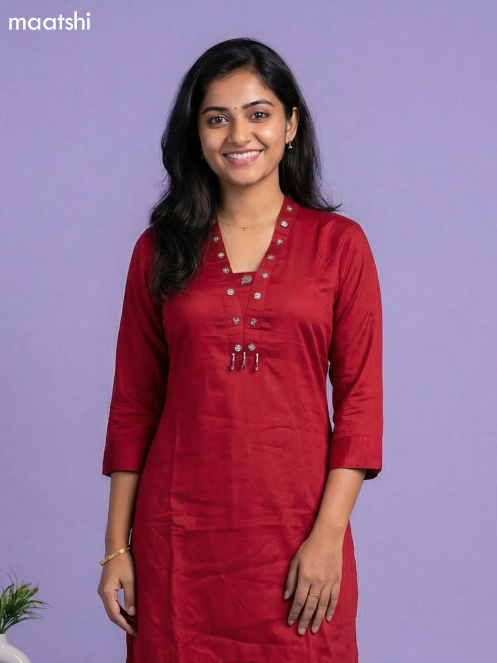 Maroon and Off White Art Silk Simple Embroidery Work Short Kurti Set