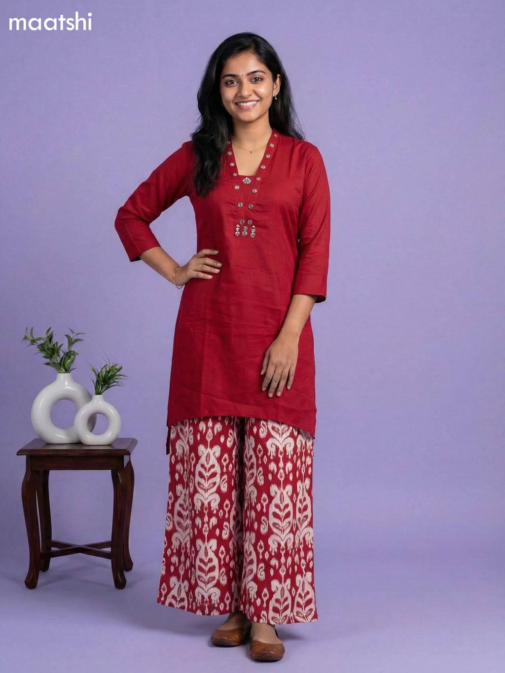 Maroon and Off White Art Silk Simple Embroidery Work Short Kurti Set