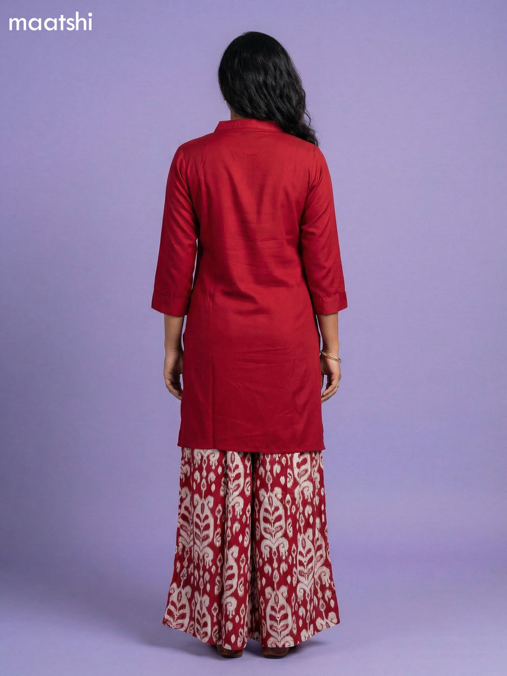Maroon and Off White Art Silk Simple Embroidery Work Short Kurti Set