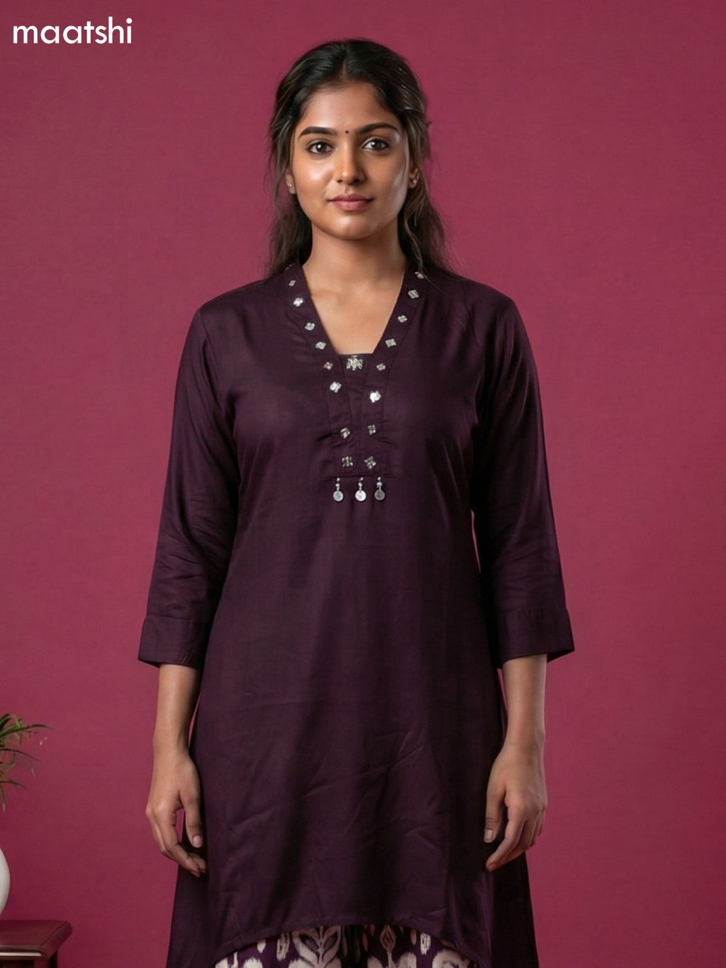 Deep Wine and Off White Art Silk Simple Embroidery Work Short Kurti Set