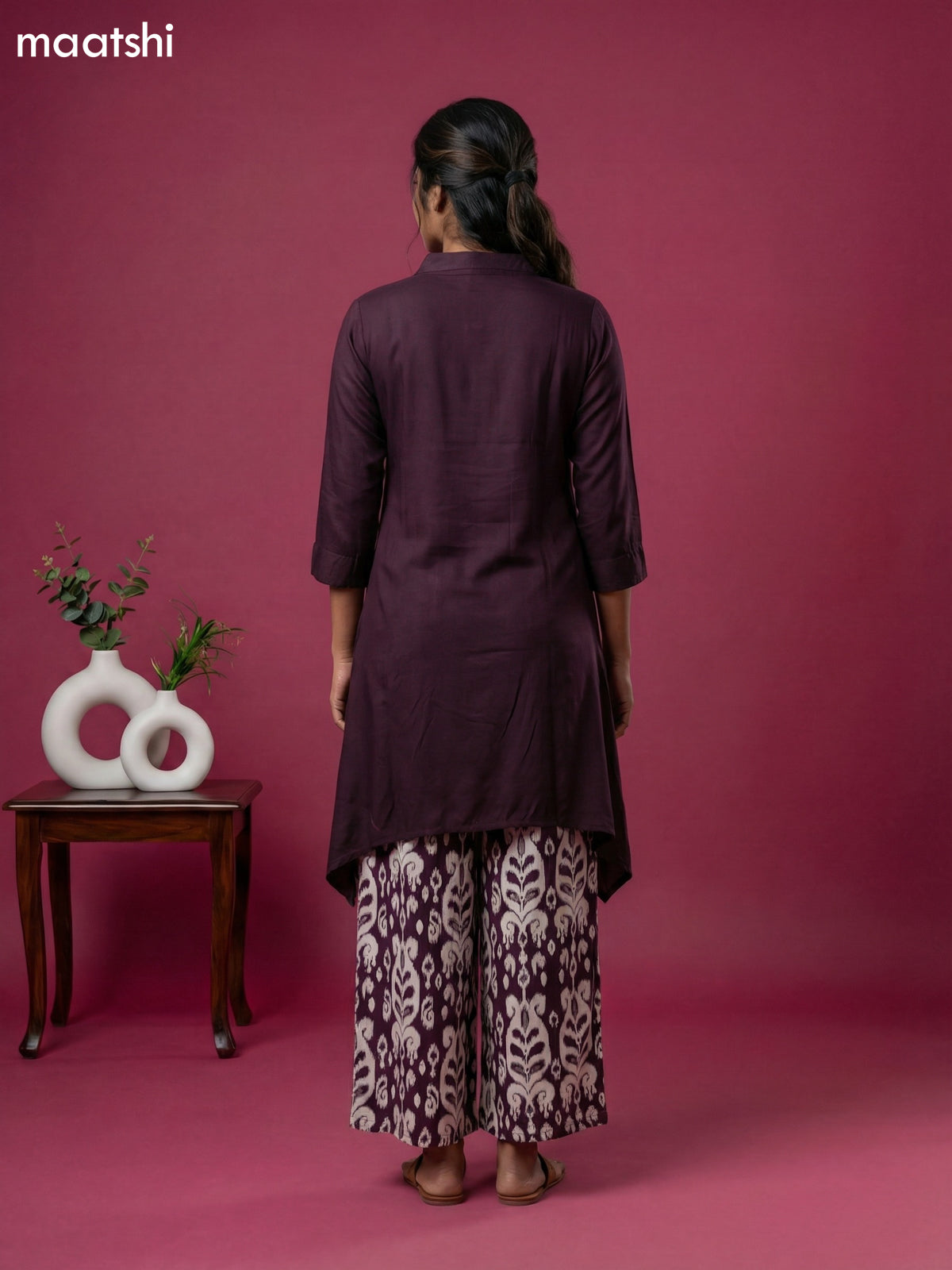 Deep Wine and Off White Art Silk Simple Embroidery Work Short Kurti Set