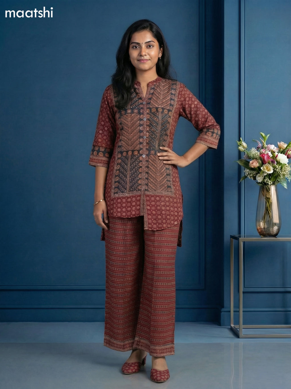 Dark Grey and Maroon Muslin Printed Short Co-Ord Set
