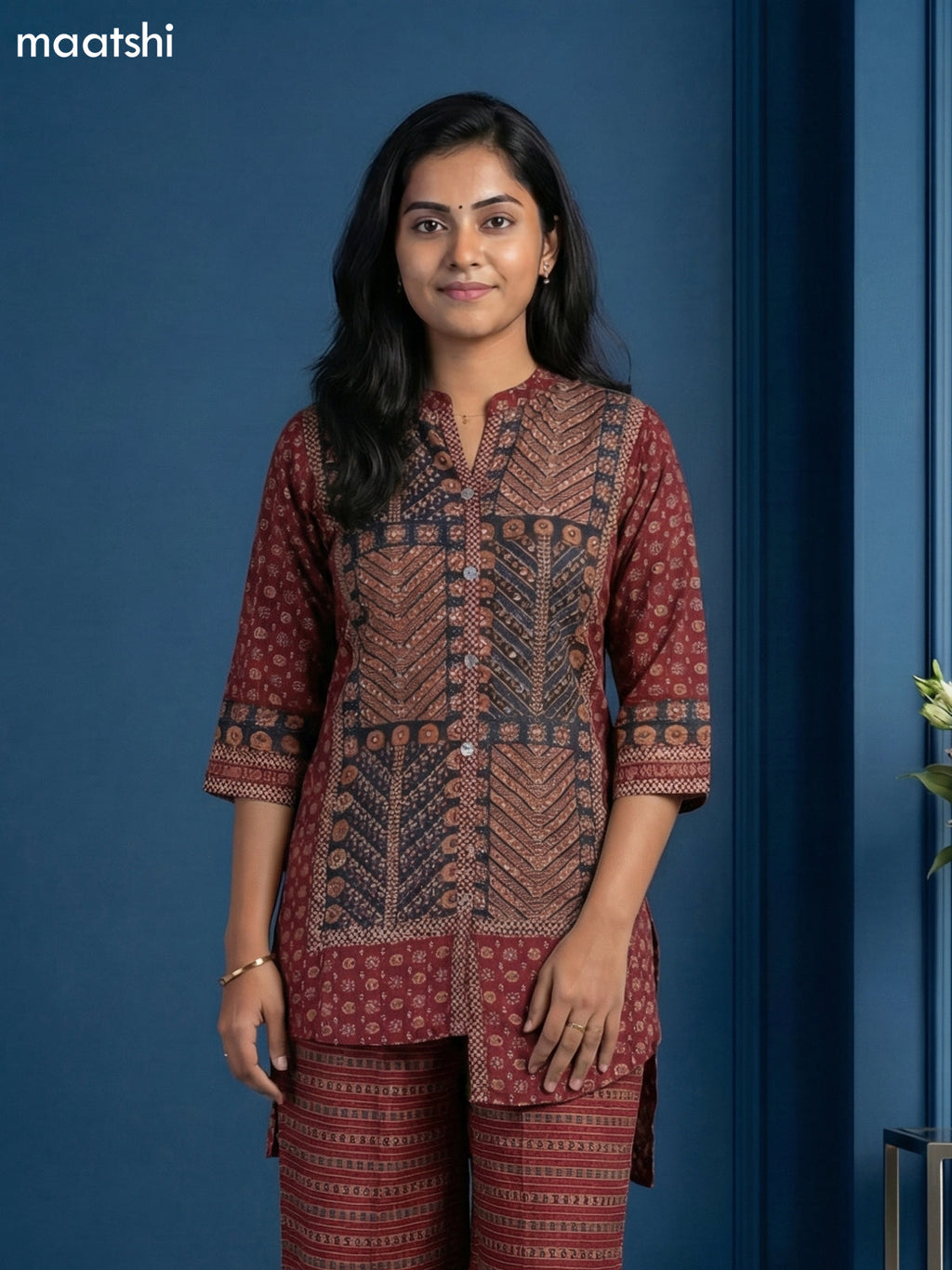 Dark Grey and Maroon Muslin Printed Short Co-Ord Set