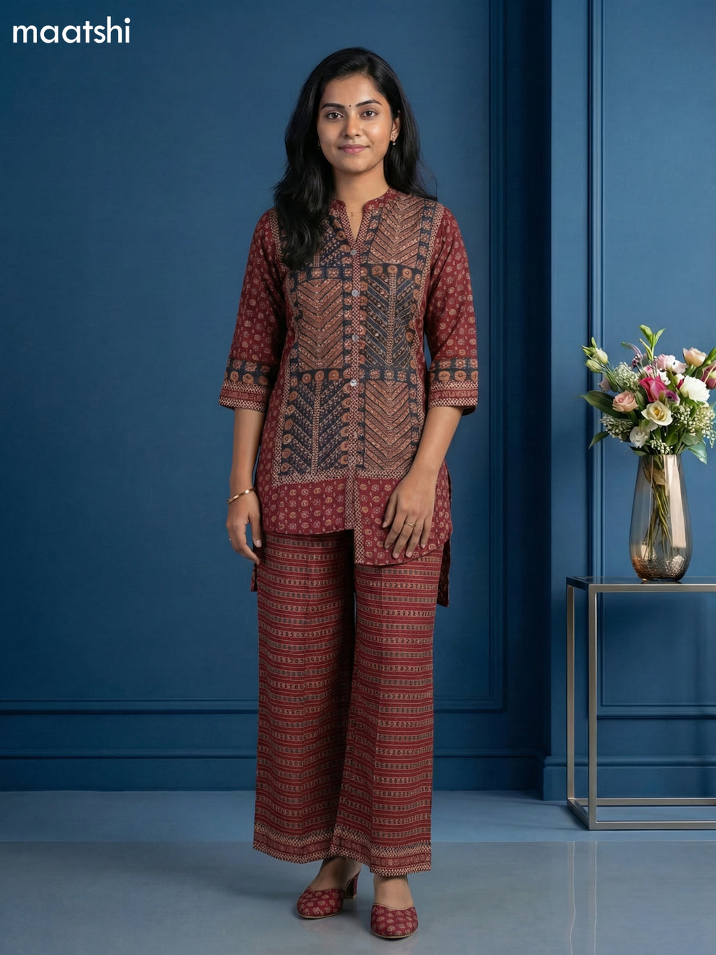 Dark Grey and Maroon Muslin Printed Short Co-Ord Set