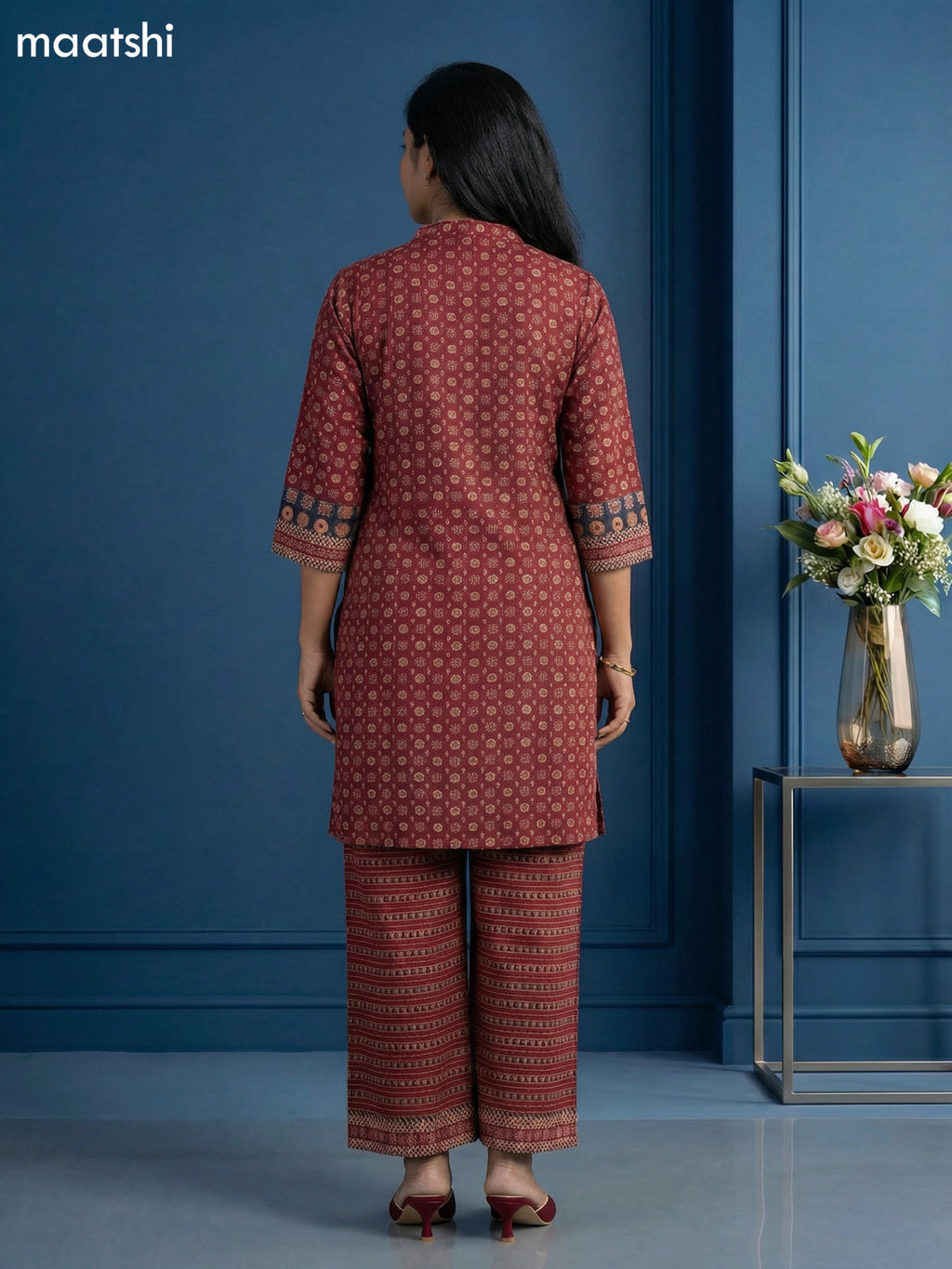 Dark Grey and Maroon Muslin Printed Short Co-Ord Set