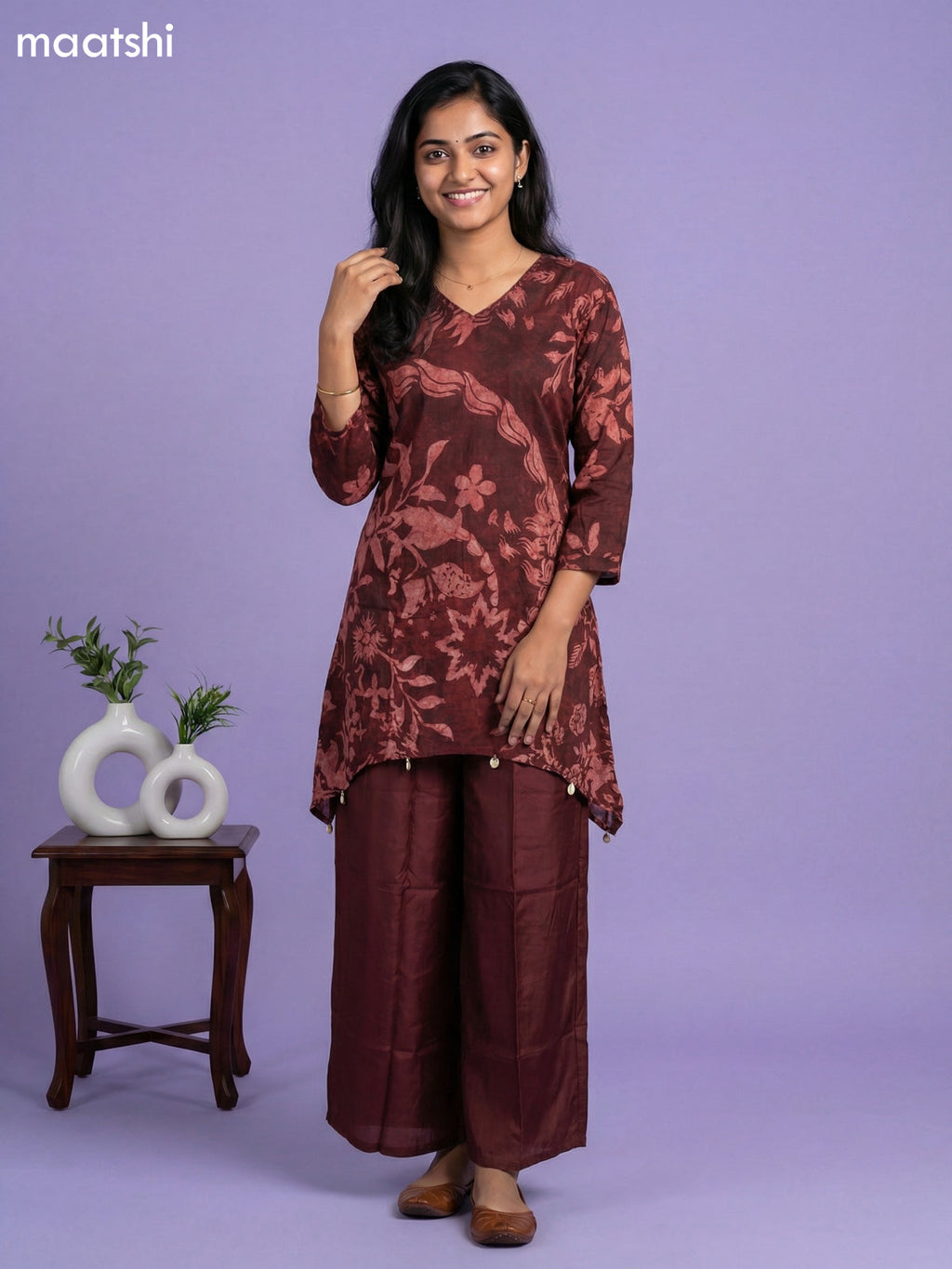 Dark Maroon Muslin Printed Short Kurti Set