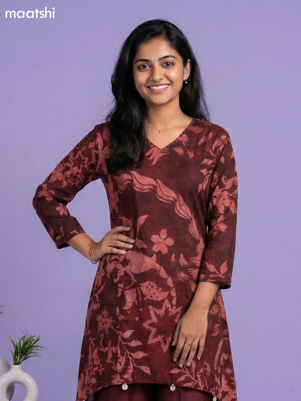 Dark Maroon Muslin Printed Short Kurti Set