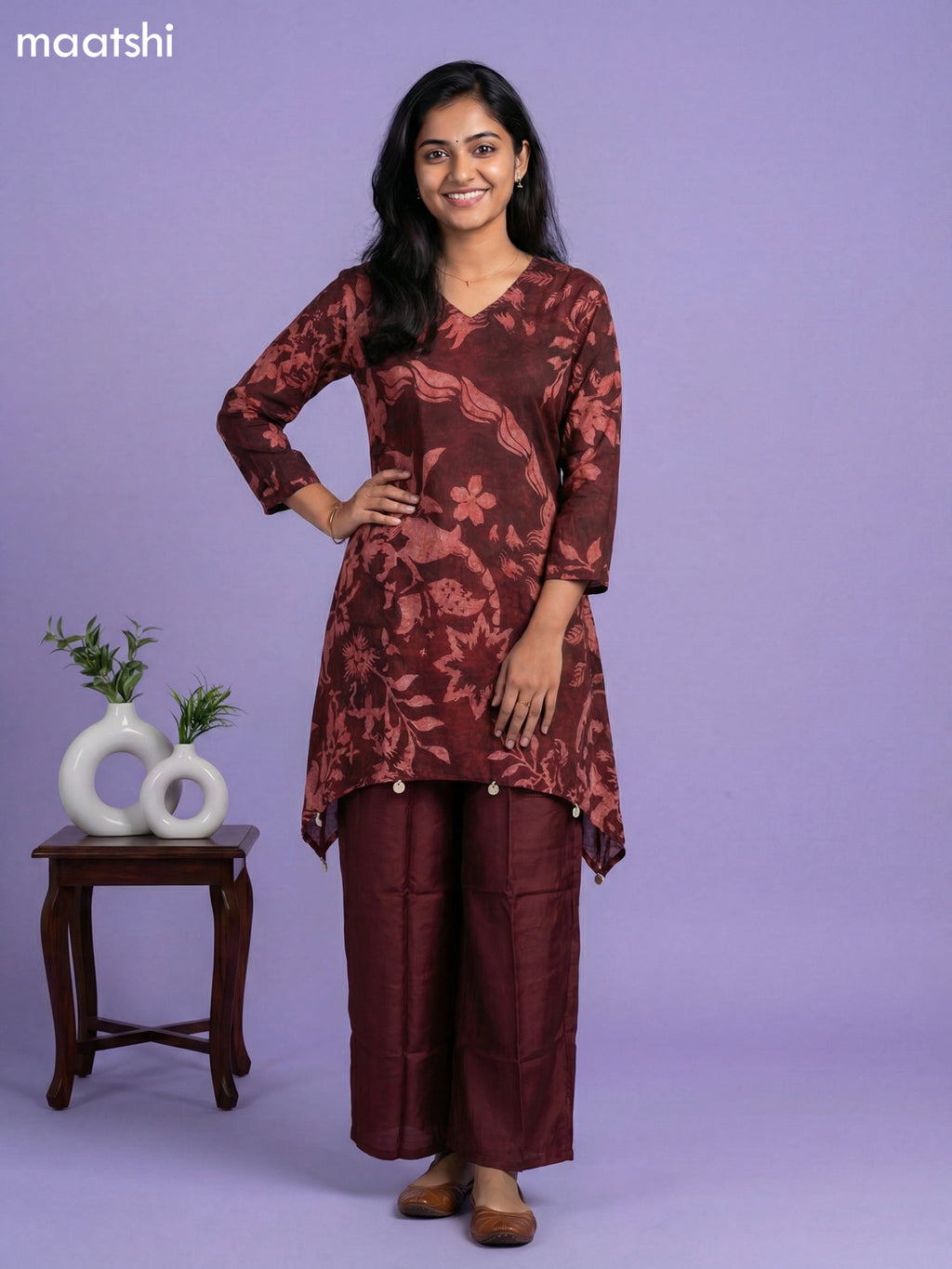 Dark Maroon Muslin Printed Short Kurti Set