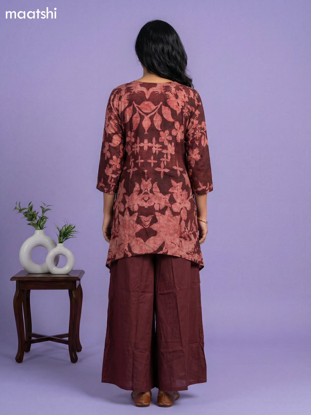 Dark Maroon Muslin Printed Short Kurti Set