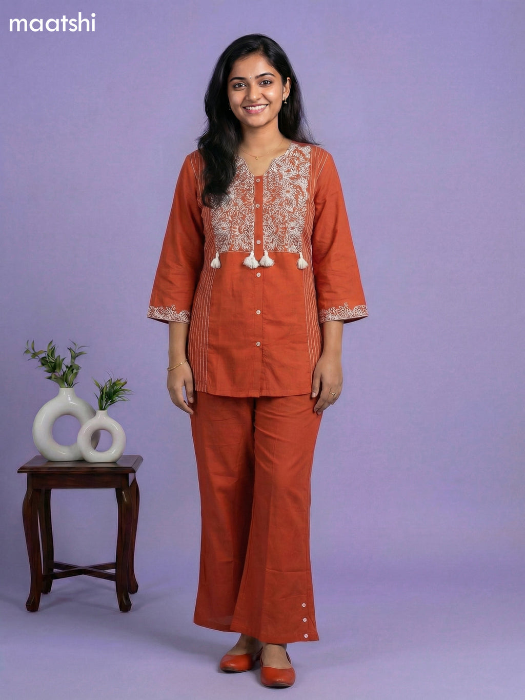 Dark Rust Cotton Embroidery Work Short Co-Ord Set
