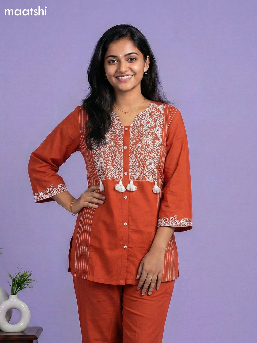 Dark Rust Cotton Embroidery Work Short Co-Ord Set