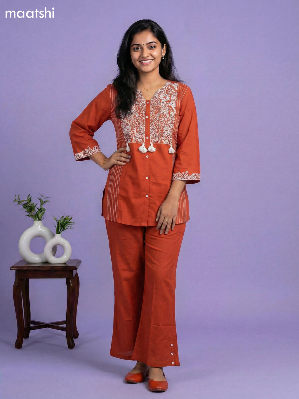 Dark Rust Cotton Embroidery Work Short Co-Ord Set