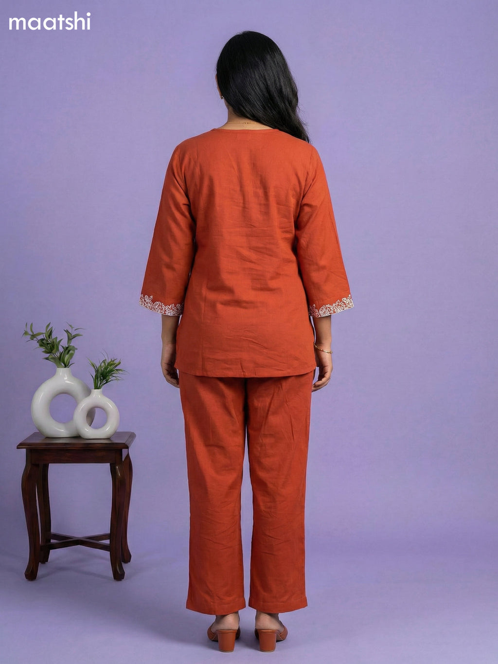 Dark Rust Cotton Embroidery Work Short Co-Ord Set