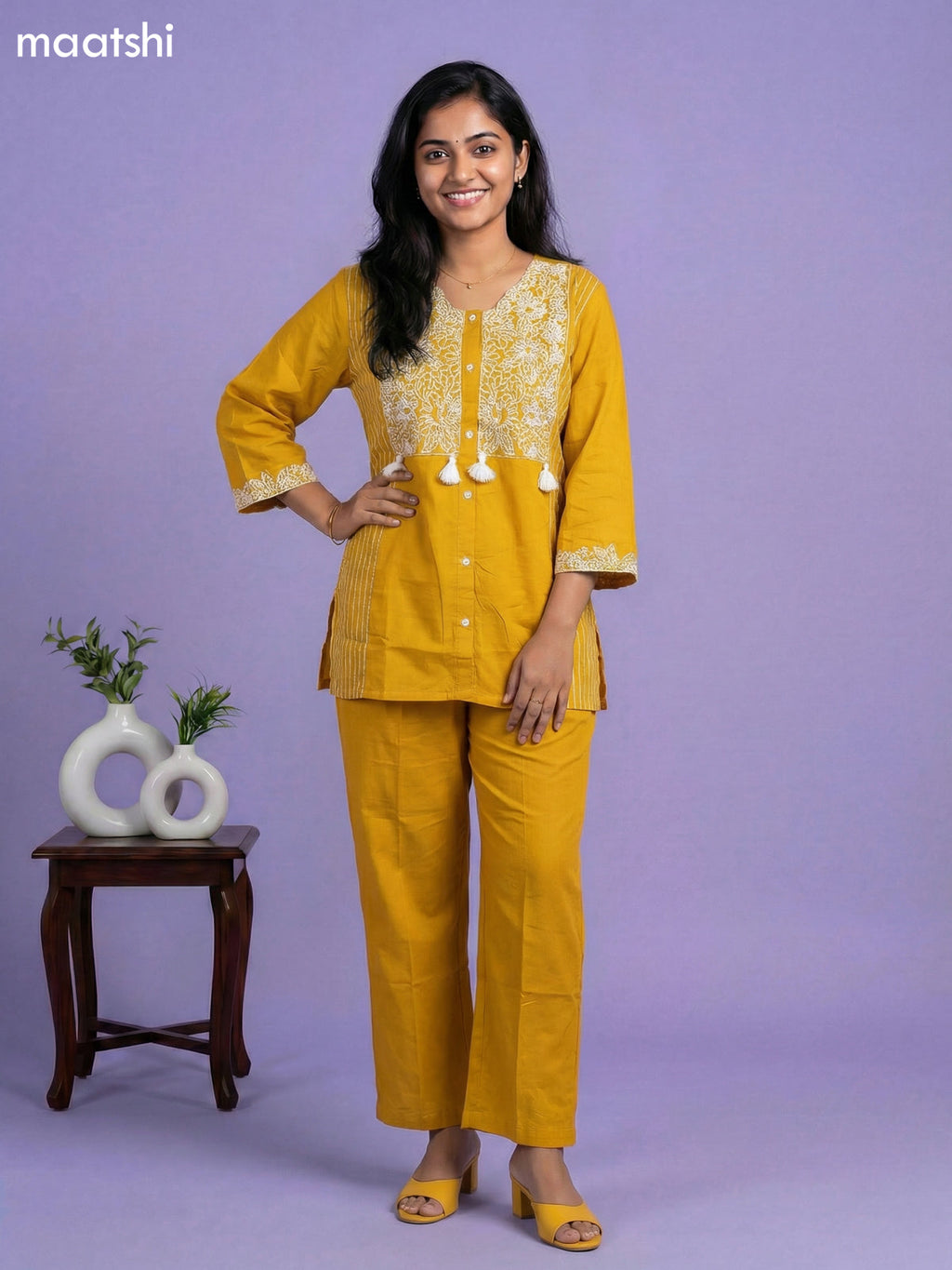 Mustard Yellow Cotton Embroidery Work Short Co-Ord Set