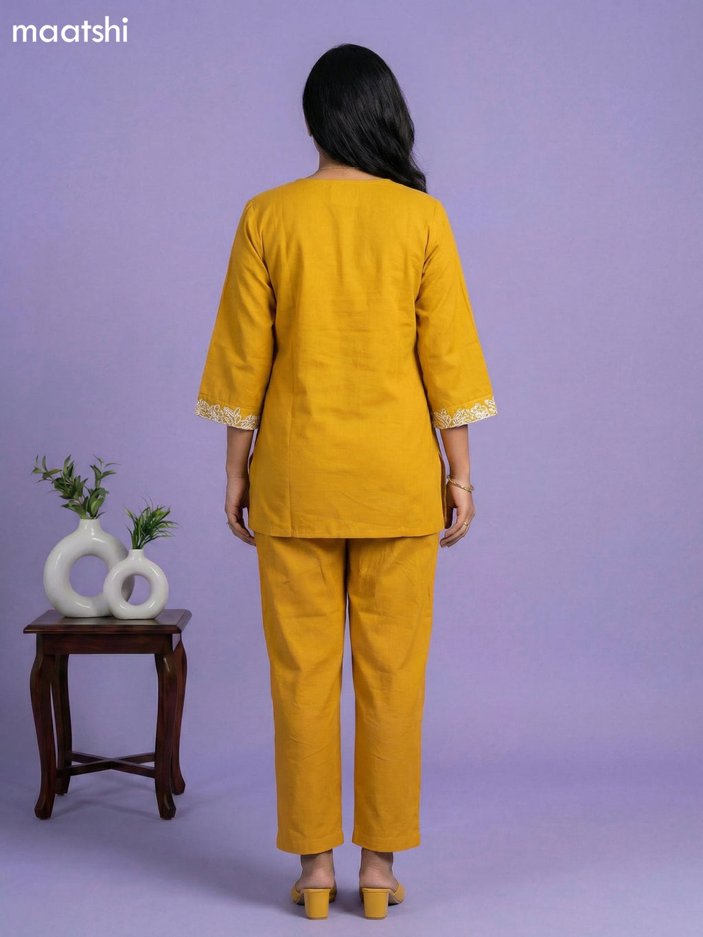 Mustard Yellow Cotton Embroidery Work Short Co-Ord Set