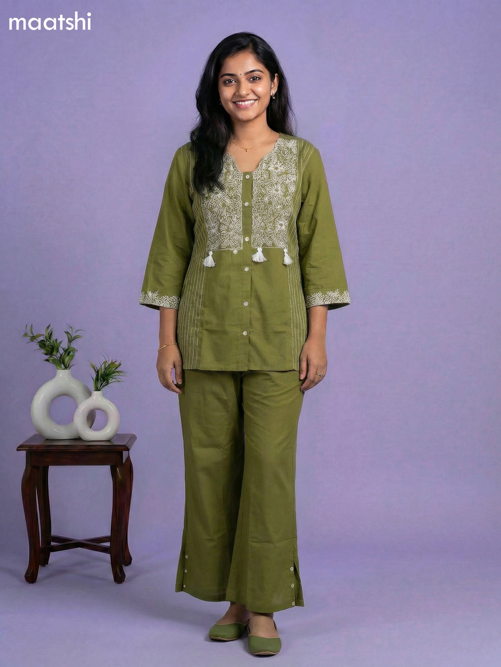 Sap Green Cotton Embroidery Work Short Co-Ord Set