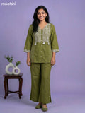 Sap Green Cotton Embroidery Work Short Co-Ord Set