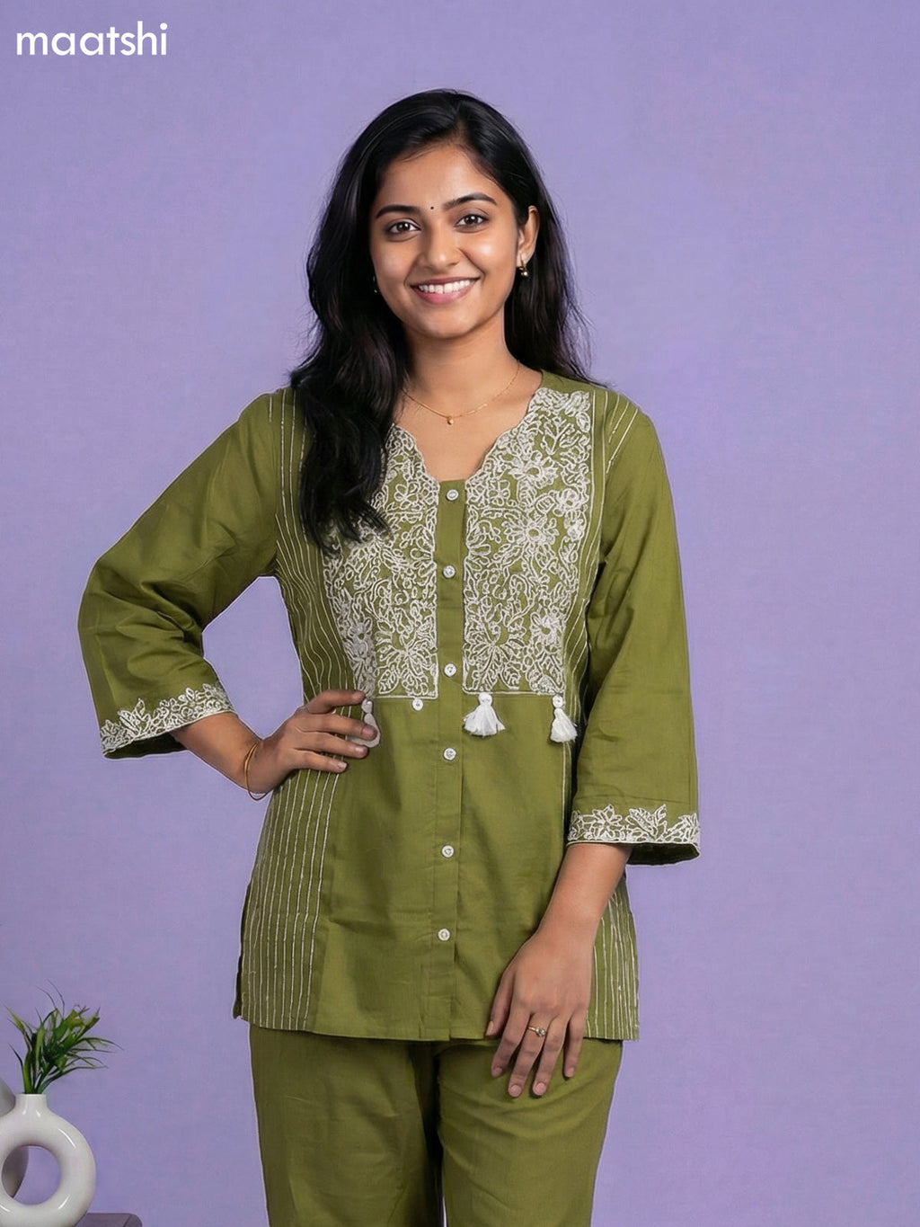 Sap Green Cotton Embroidery Work Short Co-Ord Set