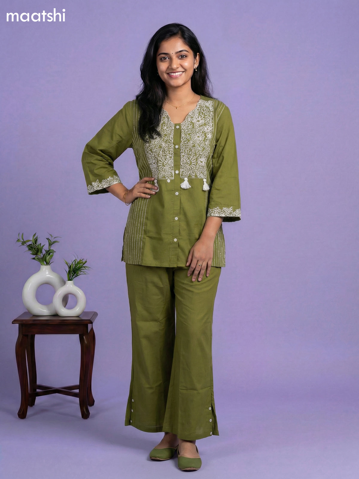 Sap Green Cotton Embroidery Work Short Co-Ord Set
