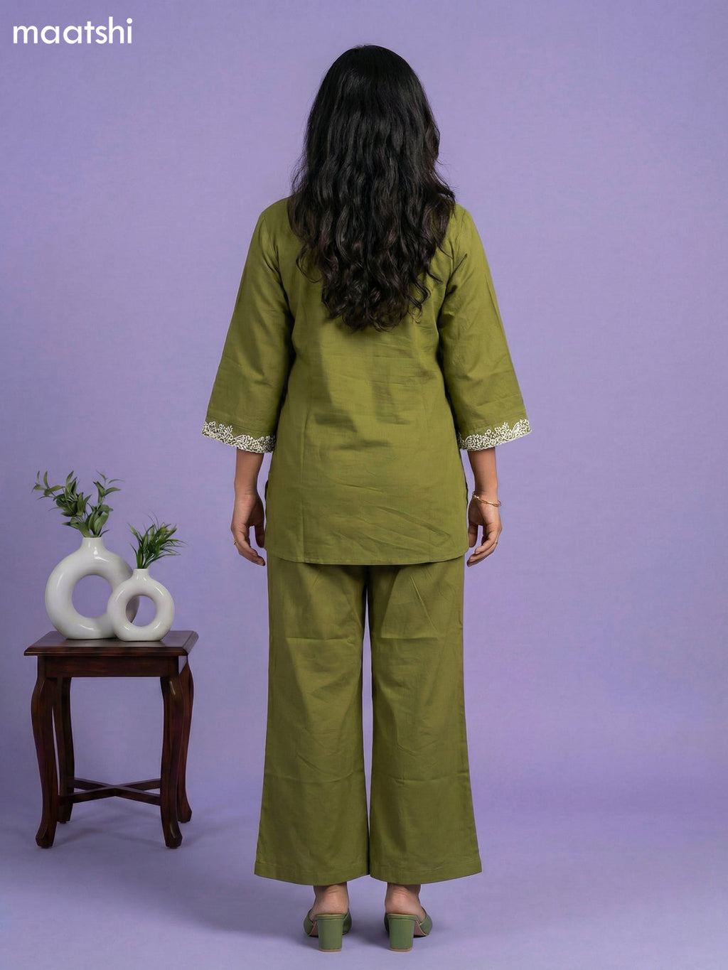 Sap Green Cotton Embroidery Work Short Co-Ord Set