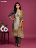 Beige and Mustard Yellow Dola Silk Kalamkari Printed & Mirror Work Straight Suit