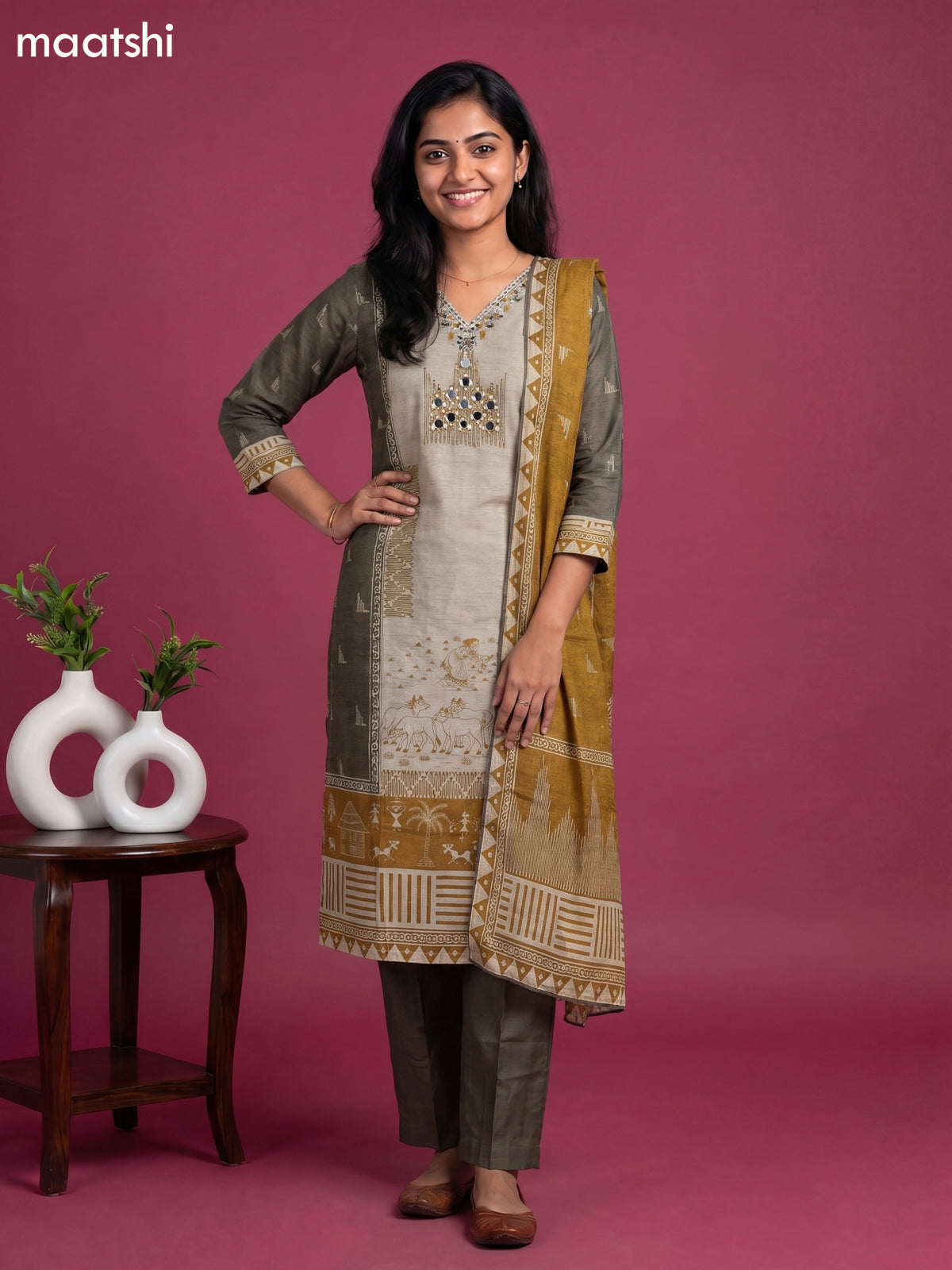 Beige and Mustard Yellow Dola Silk Kalamkari Printed & Mirror Work Straight Suit